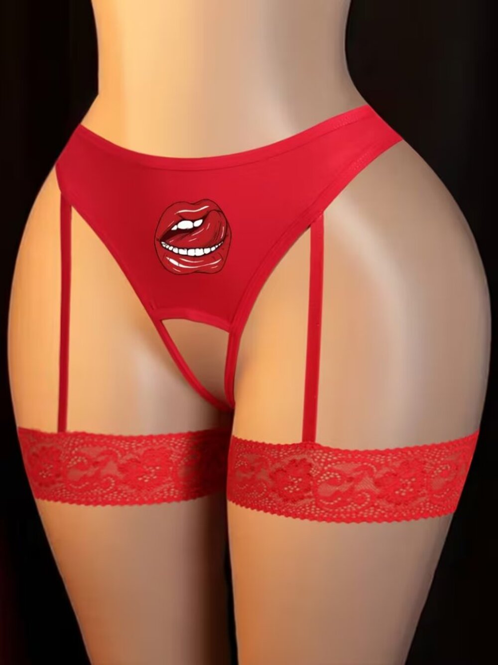 Red Lip Print Garter Panty Set - Women Intimates